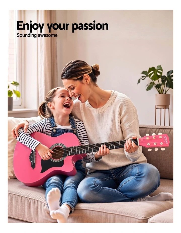 Alpha 38 Inch Acoustic Guitar Folk Cutaway Steel String Pink With Carry Bag image 4