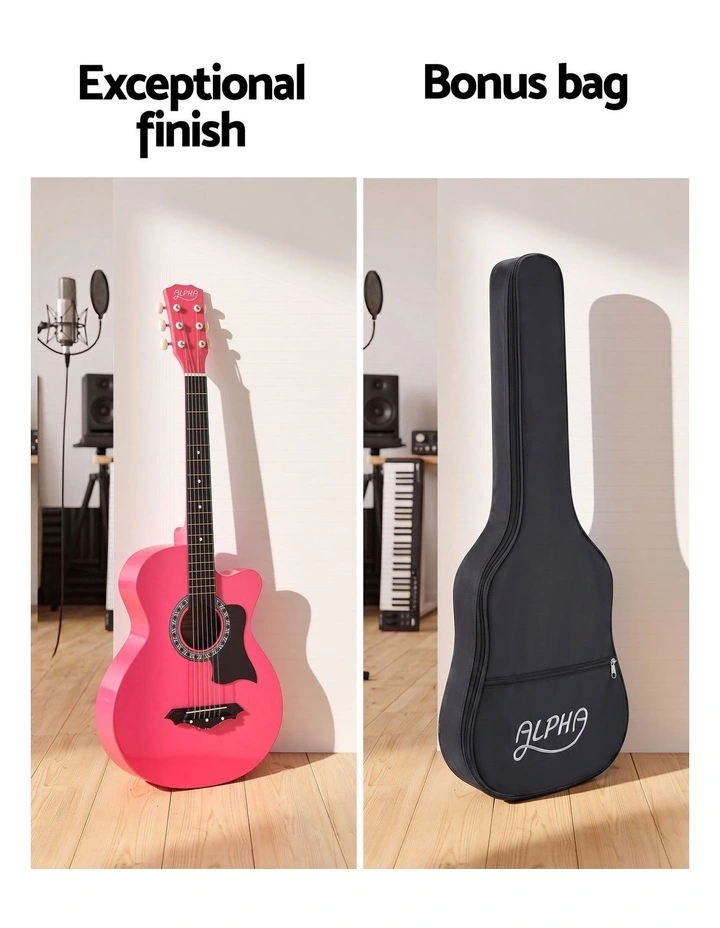 Alpha 38 Inch Acoustic Guitar Folk Cutaway Steel String Pink With Carry Bag image 5