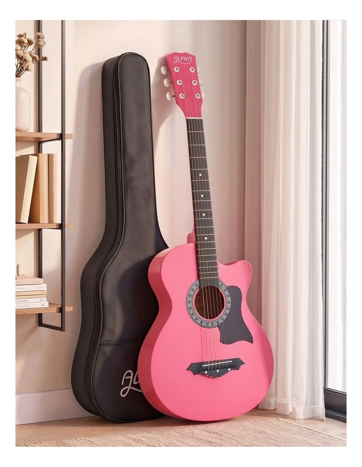 Alpha 38 Inch Acoustic Guitar Folk Cutaway Steel String Pink With Carry Bag image 6