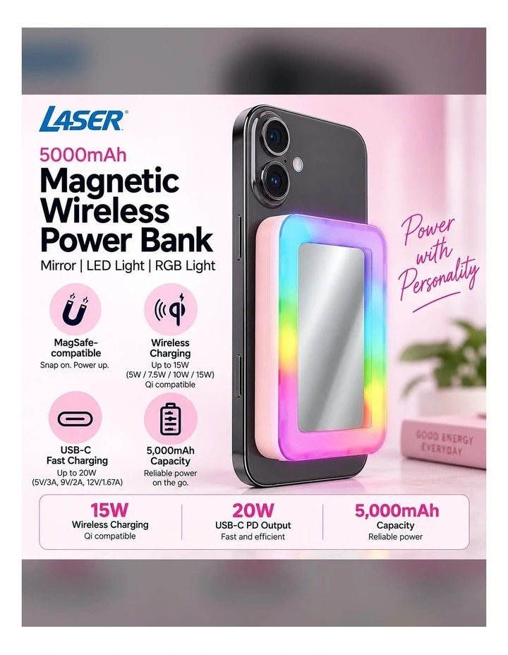 Laser 5000mAh Magnetic Wireless Power Bank with Mirror PB-5MLEDM-208 image 3