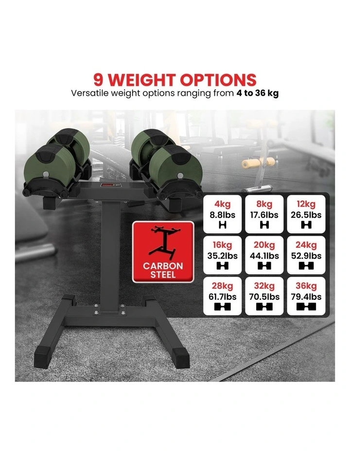 Powertrain 72kg Adjustable Dumbbells Pair with Stand 4-36kg Quick Dial Weight Set for Home Gym image 3