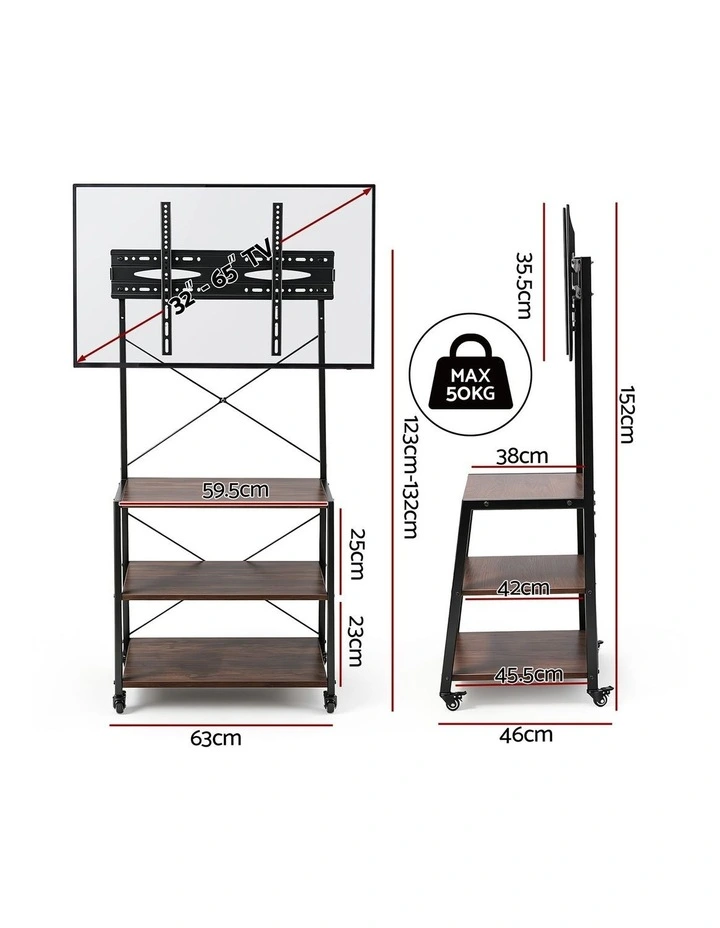 Artiss Mobile TV Stand 32-65 Inch TVs Mount 50kg with 3 MDF Shelves Lockable Wheels Adjustable Feet image 2