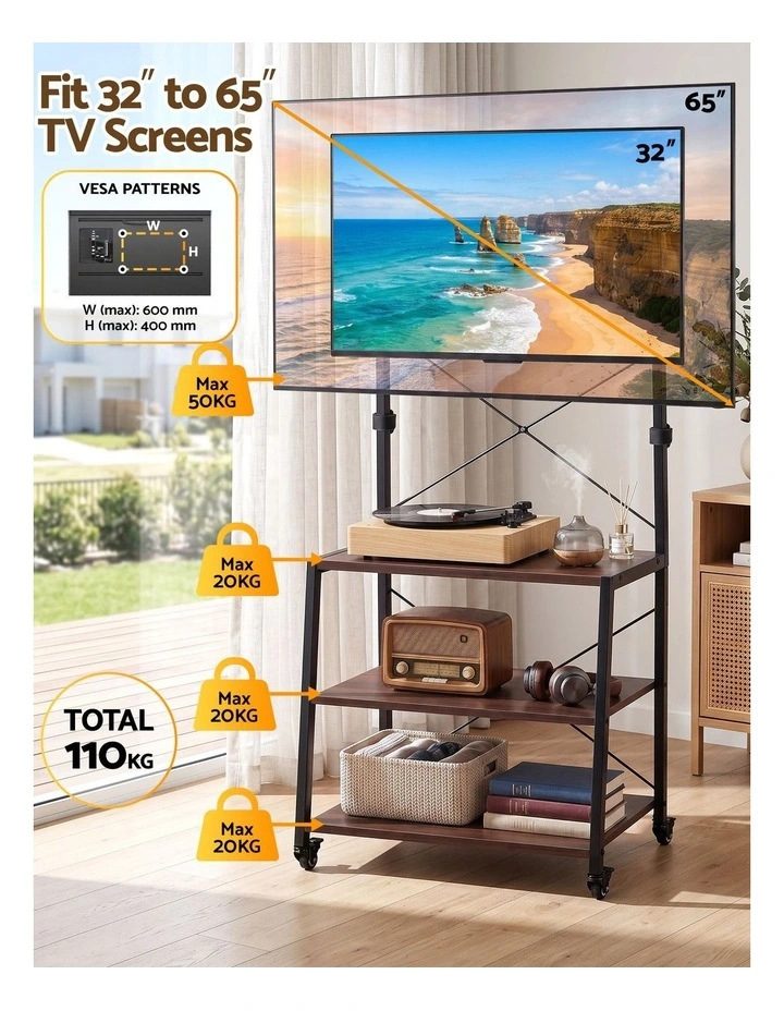 Artiss Mobile TV Stand 32-65 Inch TVs Mount 50kg with 3 MDF Shelves Lockable Wheels Adjustable Feet image 3
