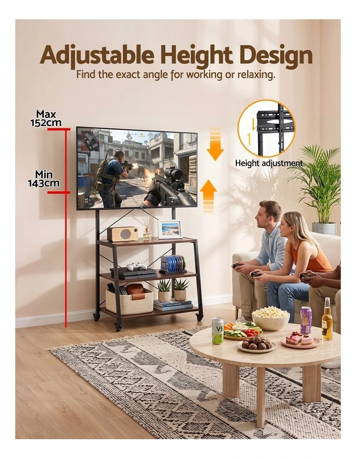 Artiss Mobile TV Stand 32-65 Inch TVs Mount 50kg with 3 MDF Shelves Lockable Wheels Adjustable Feet image 4