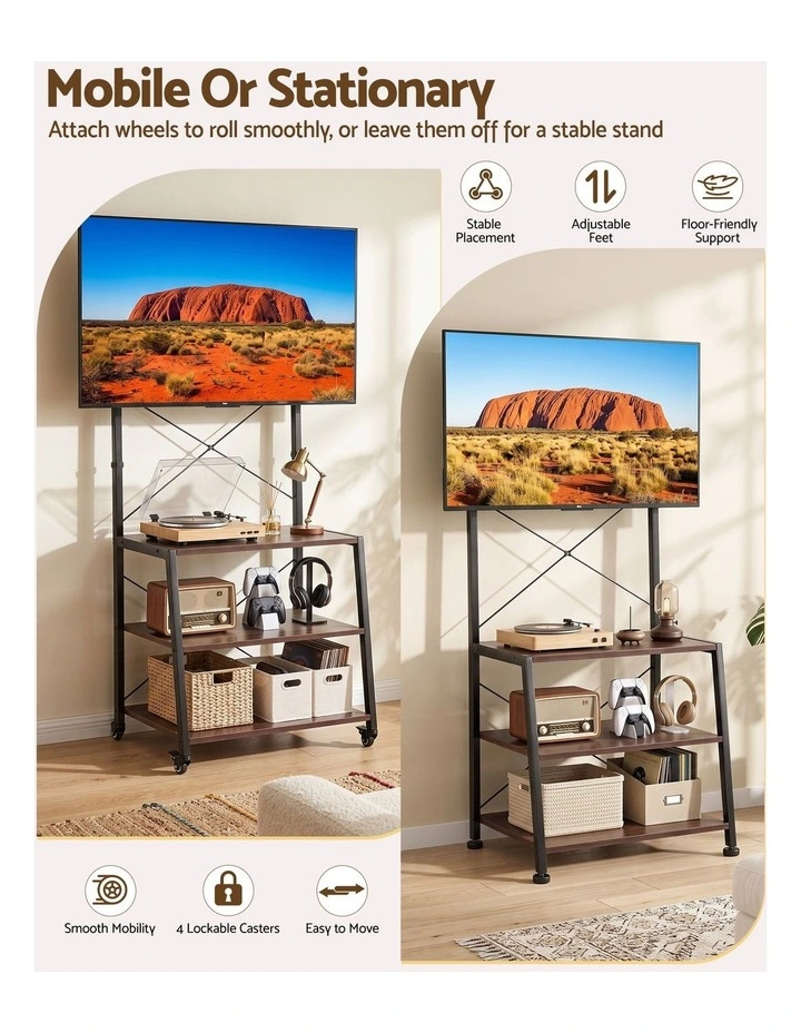 Artiss Mobile TV Stand 32-65 Inch TVs Mount 50kg with 3 MDF Shelves Lockable Wheels Adjustable Feet image 5