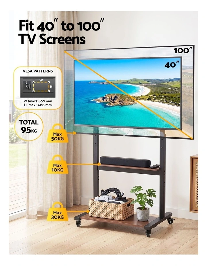 Artiss Mobile TV Stand for 40-100 Inch TVs Cart with Wheels Adjustable Shelves image 4