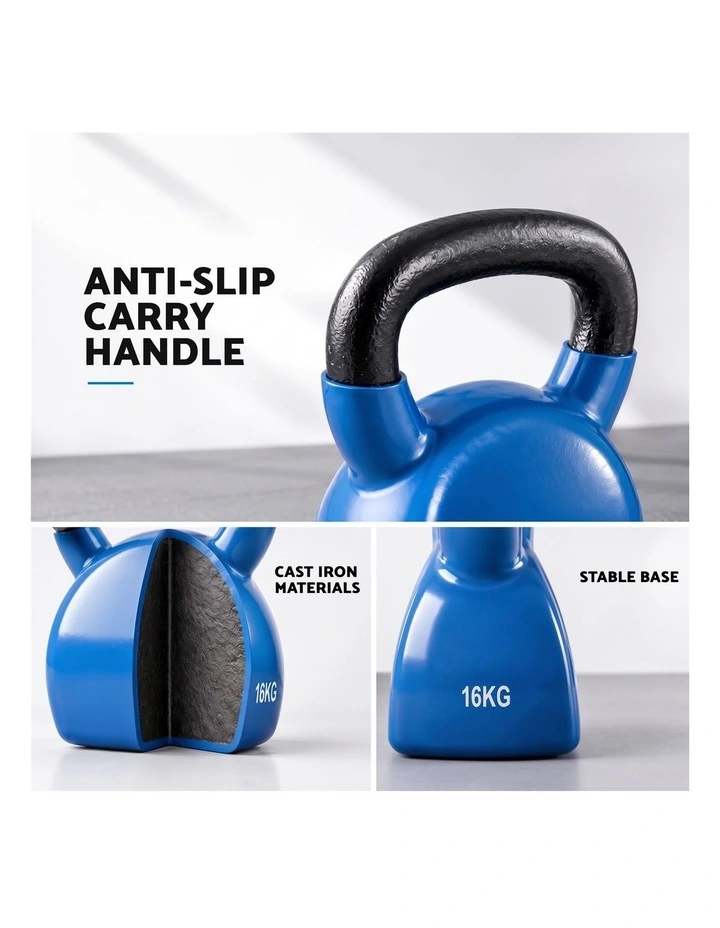 Everfit 16kg Kettlebell Cast Iron Weightlifting Bench Dumbbells Kettle Bell Blue image 5