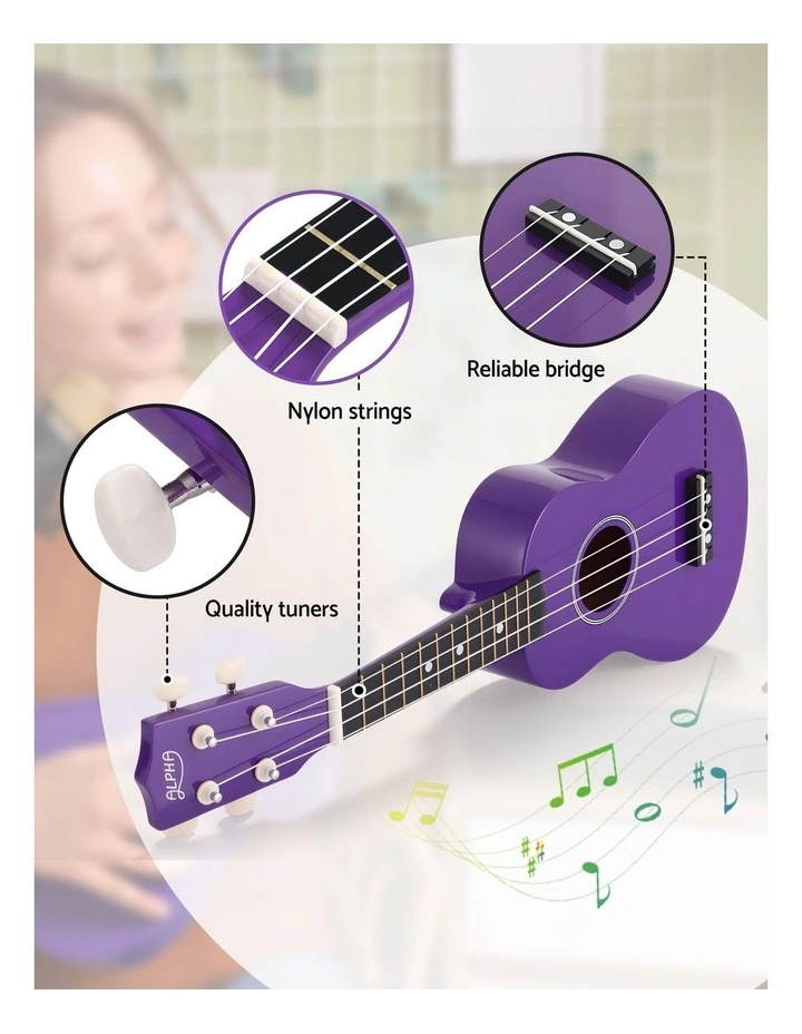 Alpha 21 Inch Ukulele Soprano Beginner Acoustic Small Guitar Kids Strings Purple image 6