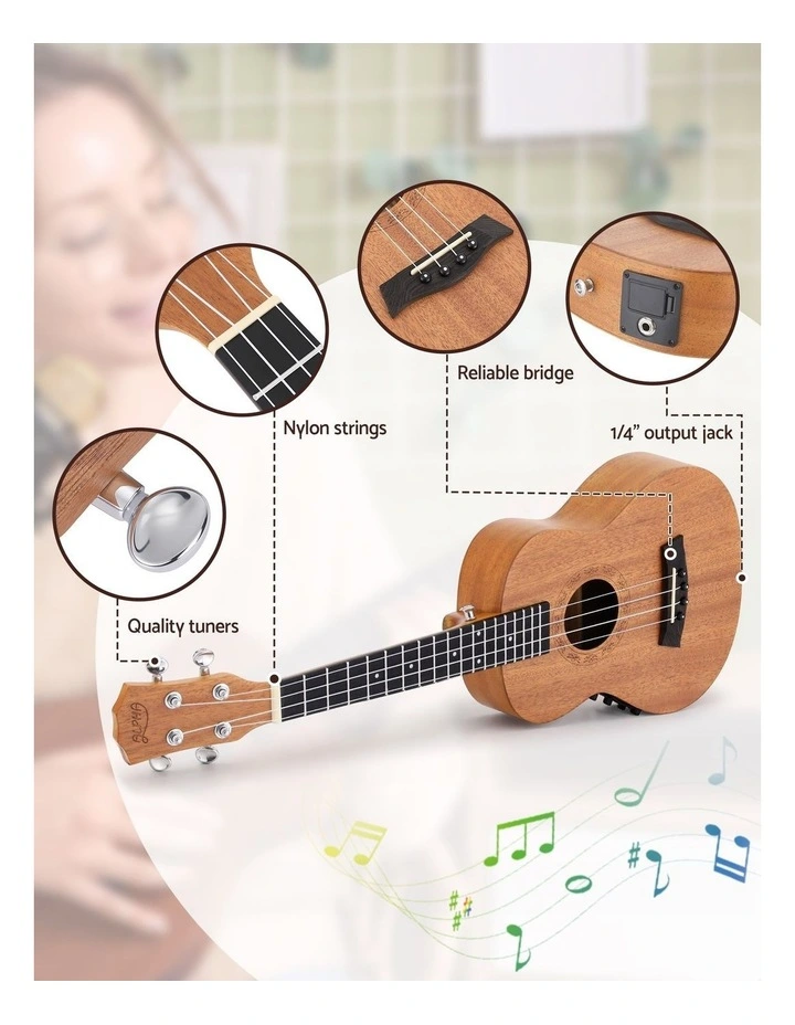 Alpha 26 Inch Solid Mahogany Tenor Ukulele Electric Acoustic EQ System Kit 18 Frets Natural image 6