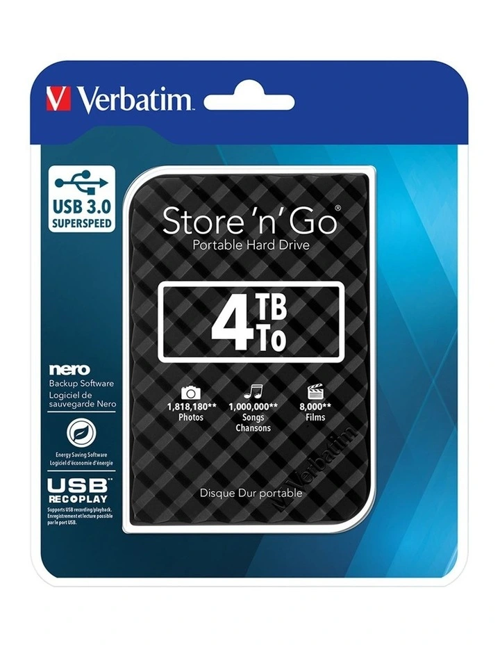 Verbatim USB 3.0 Store'n'Go 2.5 External HDD 4TB Grid Design Black image 2