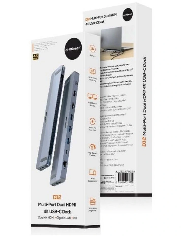 mbeat D12 Multi-Port Dual HDMI 4K/60Hz 100W USB-C PD Dock - Grey image 4