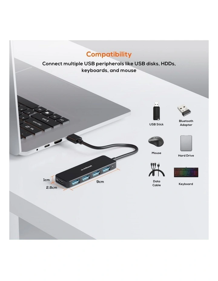 mbeat 4-Port USB 3.0 Hub with USB-C DC Port - Black image 2