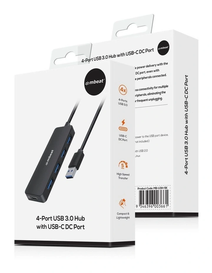 mbeat 4-Port USB 3.0 Hub with USB-C DC Port - Black image 4