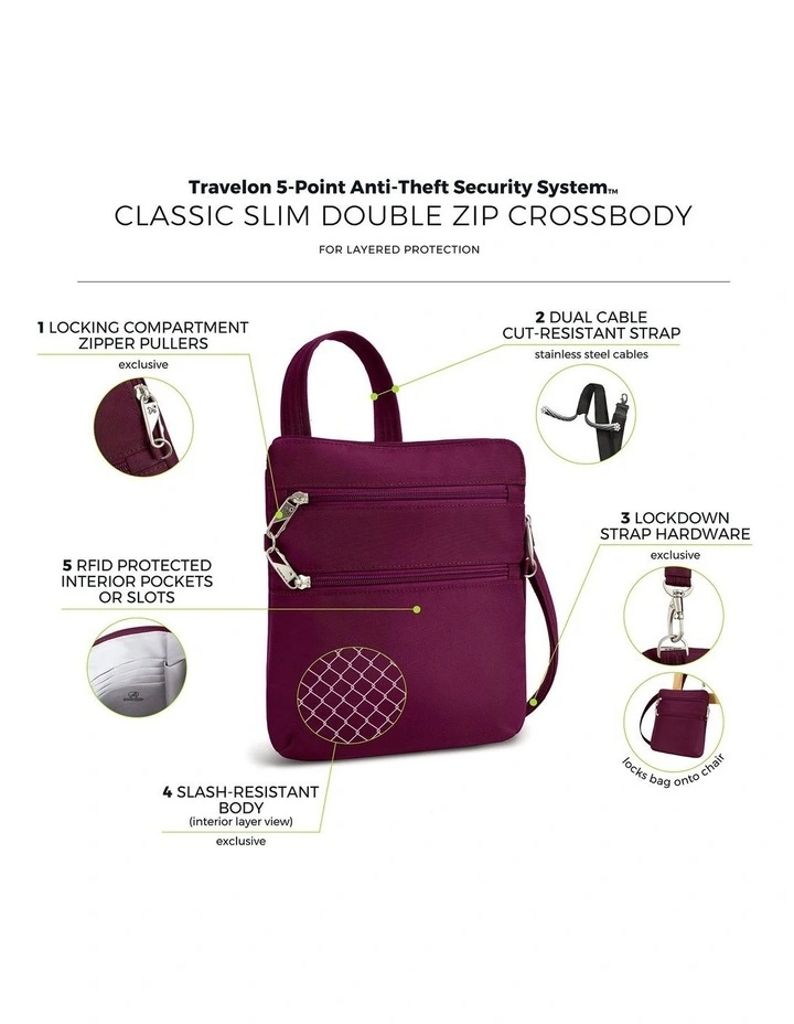 Classic Anti-Theft Slim Double Zip Crossbody Bag in Burgundy image 7