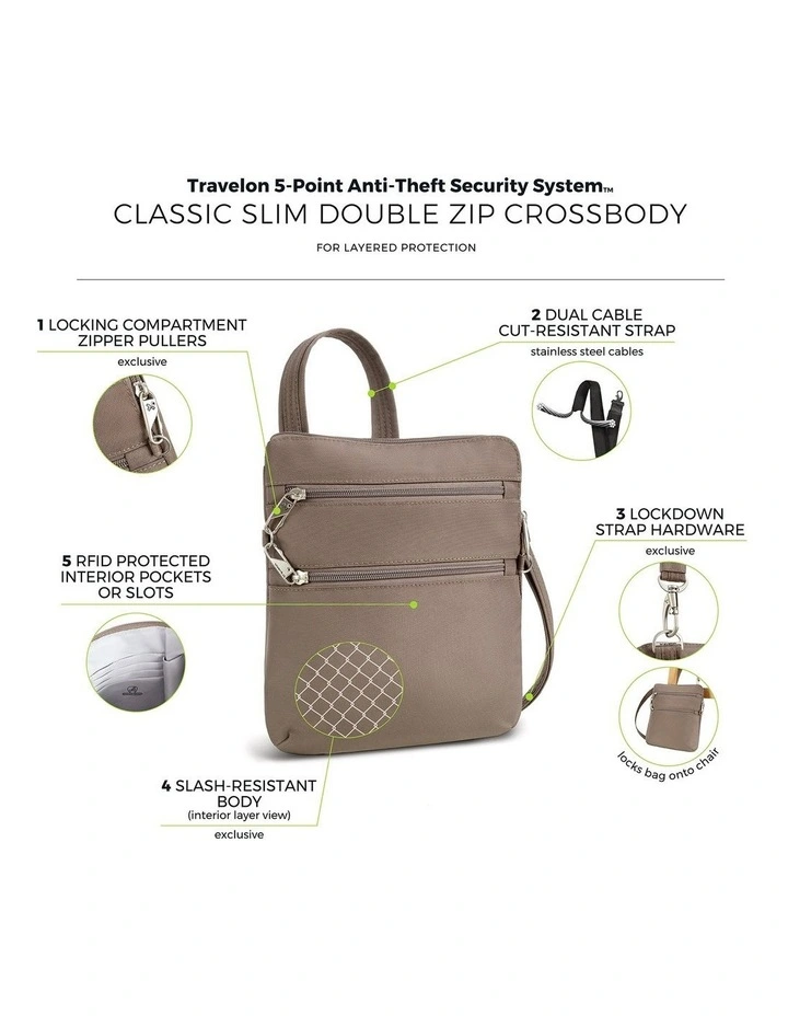 Classic Anti-Theft Slim Double Zip Crossbody Bag in Hazelnut image 7