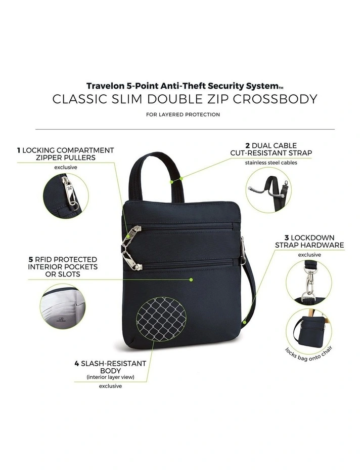 Classic Anti-Theft Slim Double Zip Crossbody Bag in Midnight image 7
