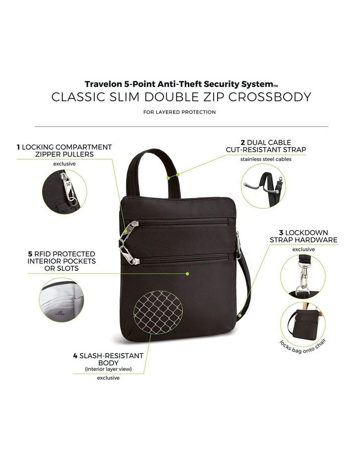 Classic Anti-Theft Slim Double Zip Crossbody Bag in Black image 7