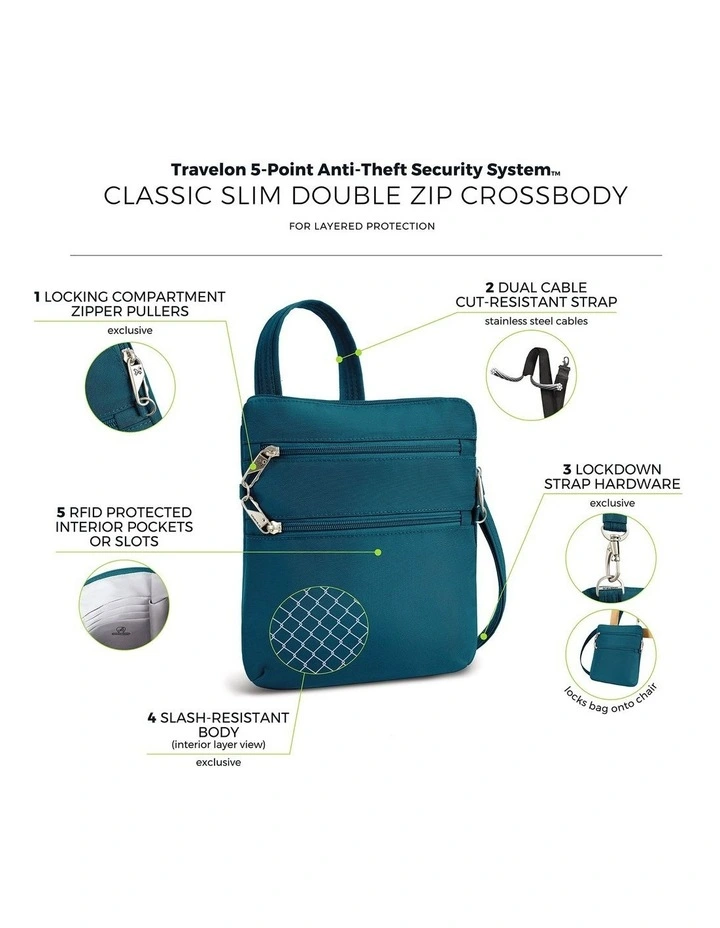 Classic Anti-Theft Slim Double Zip Crossbody Bag in Teal image 7