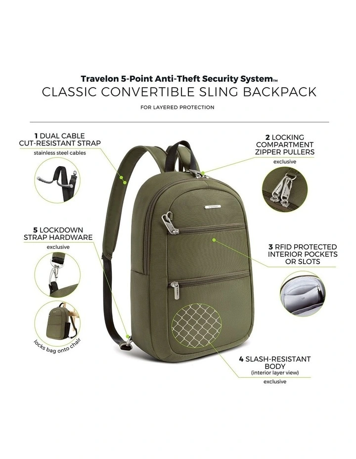 Classic Anti-Theft Tablet Convertible Sling Backpack in Olive image 7