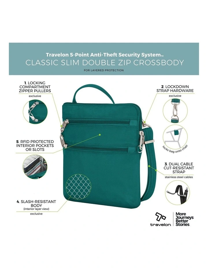 Classic Anti-Theft Slim Double Zip Crossbody Bag in Spruce image 7