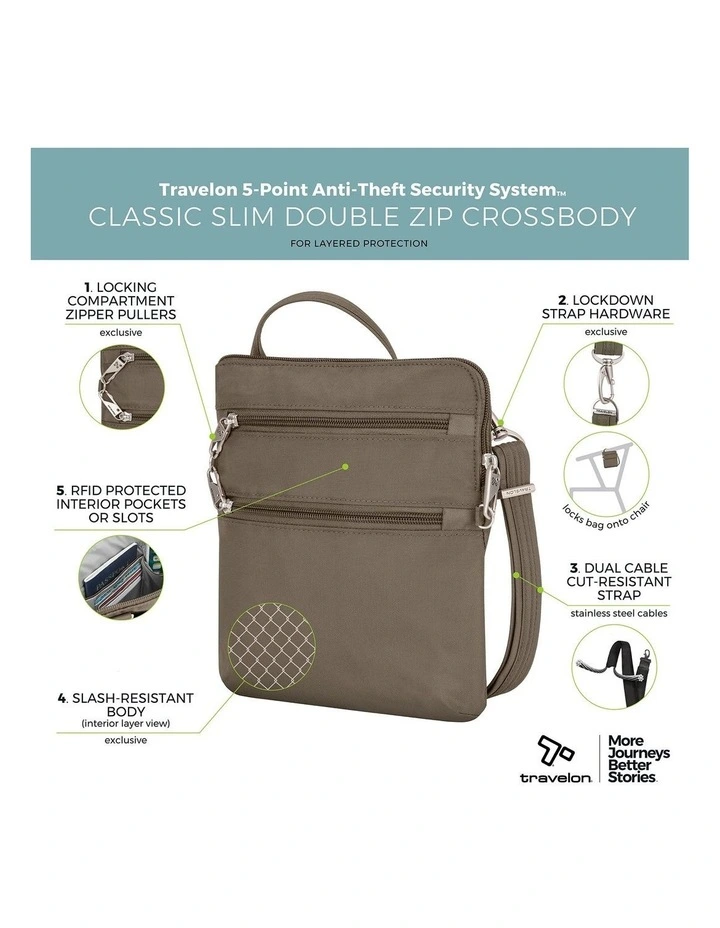 Classic Anti-Theft Slim Double Zip Crossbody Bag in Nutmeg image 7