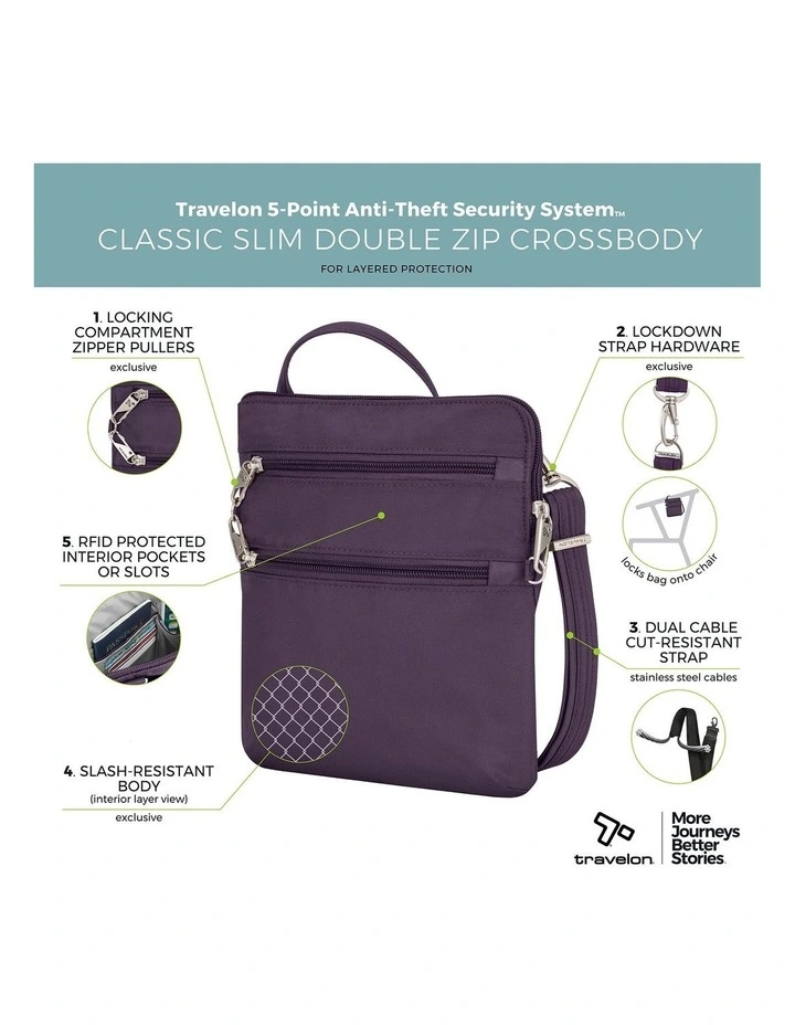 Classic Anti-Theft Slim Double Zip Crossbody Bag in Purple image 7