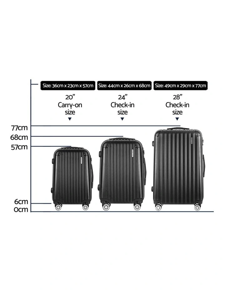 Carry On Hard Case TSA Lightweight Luggage Trolley Set Travel Suitcase 3 Piece in Black image 3