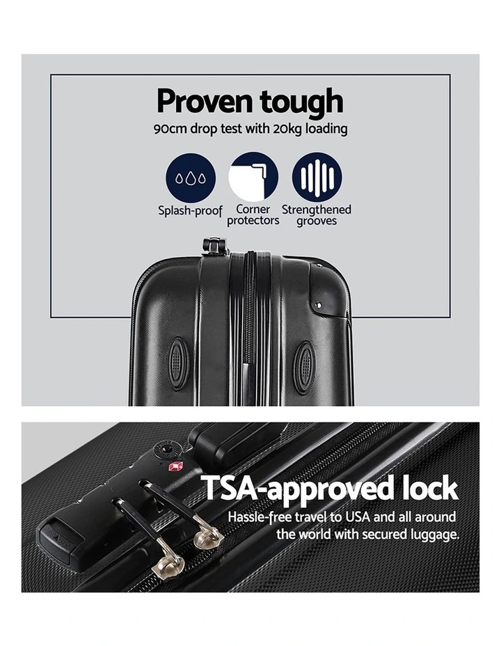 Carry On Hard Case TSA Lightweight Luggage Trolley Set Travel Suitcase 3 Piece in Black image 4