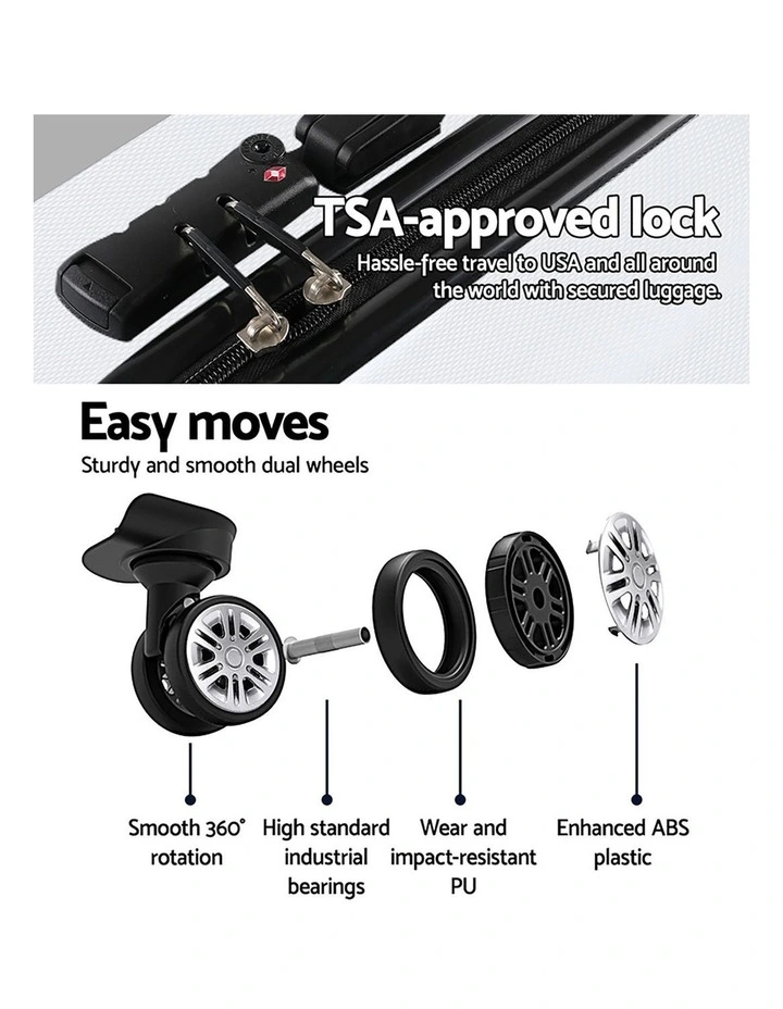TSA Hard Shell Case Strap Luggage Trolley Travel Suitcase Set 3 Piece in White image 5