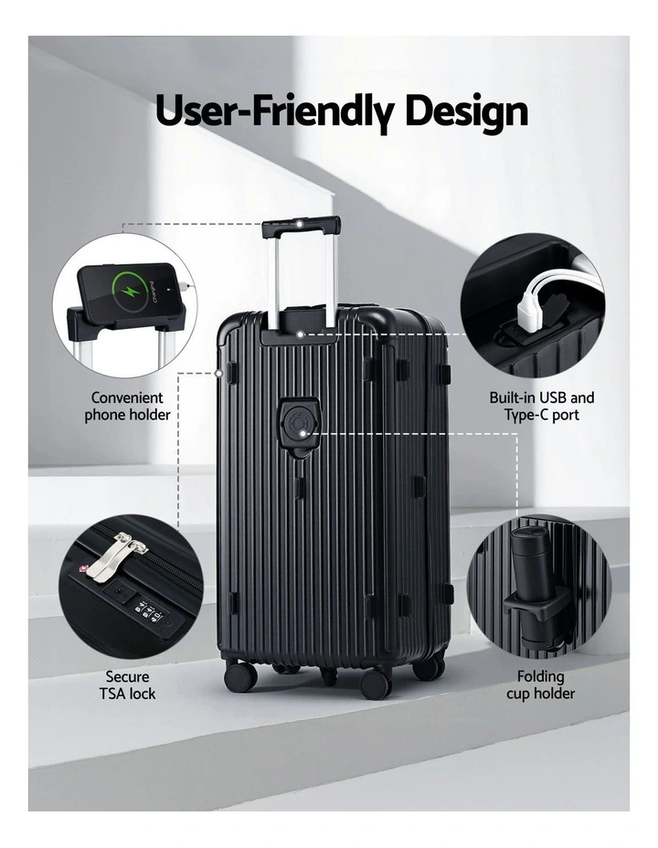 5 Wheels Type-C Port TSA 32 Trunk Luggage Suitcase in Black image 6