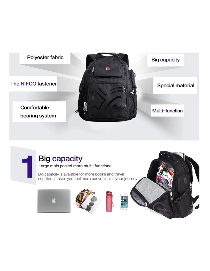 Swisswin Waterproof 15.6 Laptop Backpack Travel Business Work Bag Black image 3