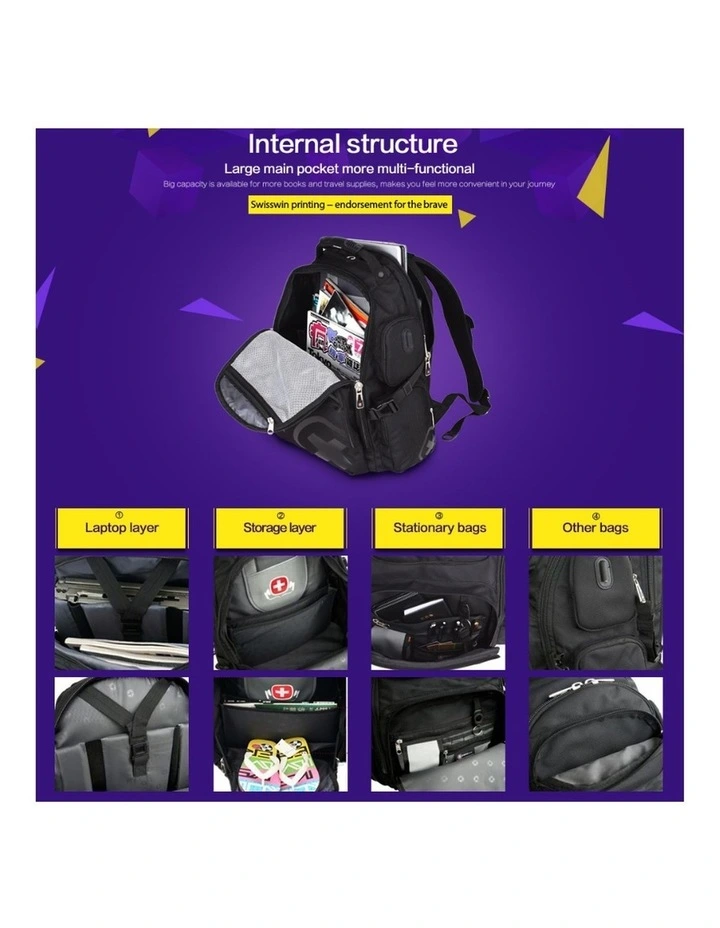 Swisswin Waterproof 15.6 Laptop Backpack Travel Business Work Bag Black image 4