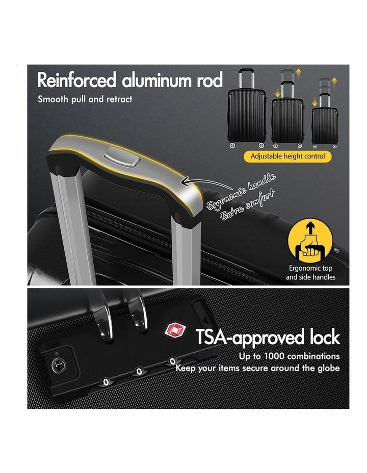 3PCS Luggage Suitcase Trolley Set Hard Case Travel Storage TSA Lock Voyage Pro Black image 5