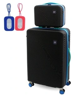GAP Stripe LARGE Hard Shell with Mini Beauty Case Set  Leather Tag in Black