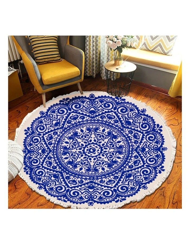 SOGA 2X Blue Bohemian Round Linen Rug with Tassels image 5