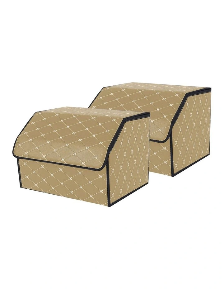SOGA 2X Leather Car Boot Foldable Trunk Cargo Organizer Storage Box Beige Medium image 1