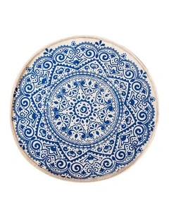 SOGA Blue Bohemian Round Linen Rug with Tassels