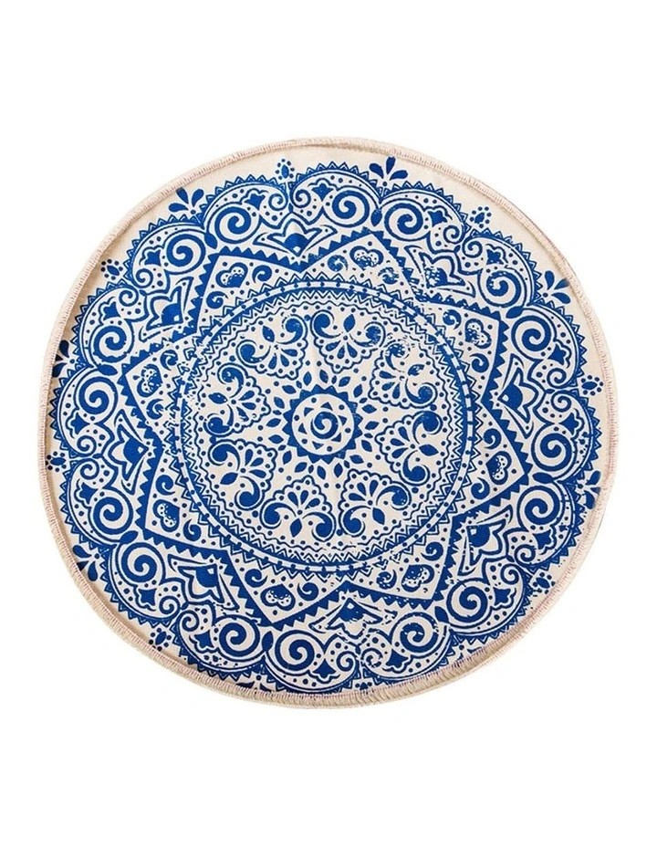 SOGA Blue Bohemian Round Linen Rug with Tassels image 1