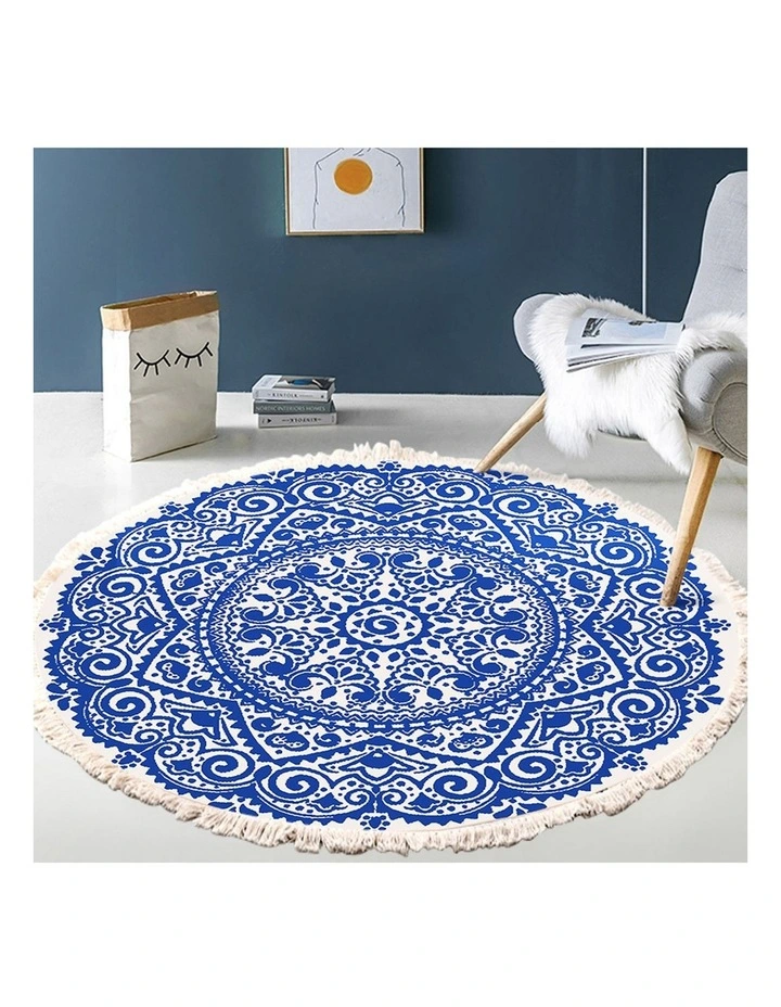 SOGA Blue Bohemian Round Linen Rug with Tassels image 3