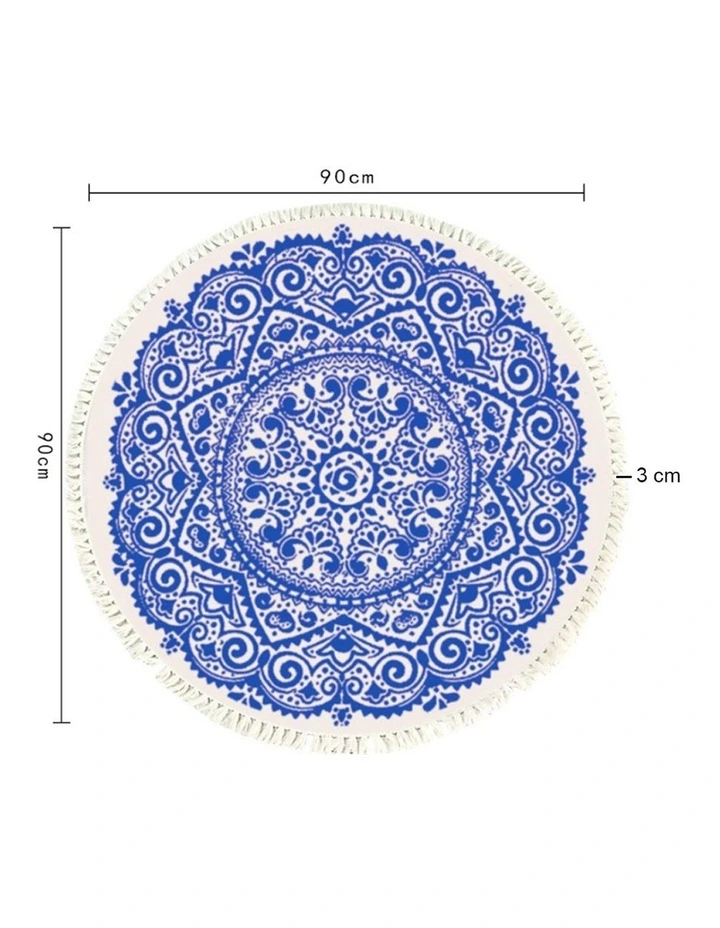 SOGA Blue Bohemian Round Linen Rug with Tassels image 6
