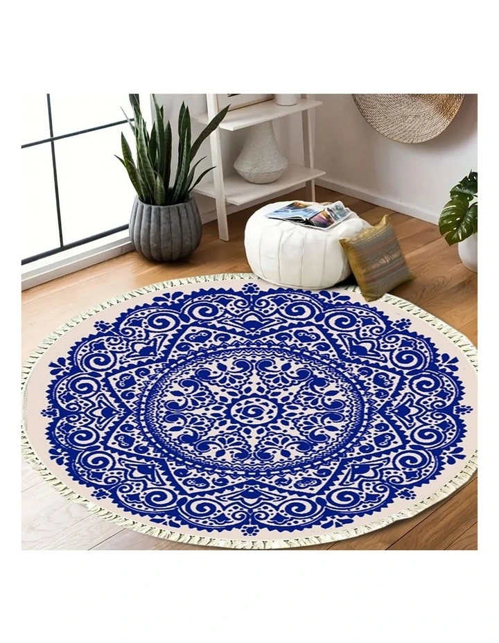 SOGA Blue Bohemian Round Linen Rug with Tassels image 7