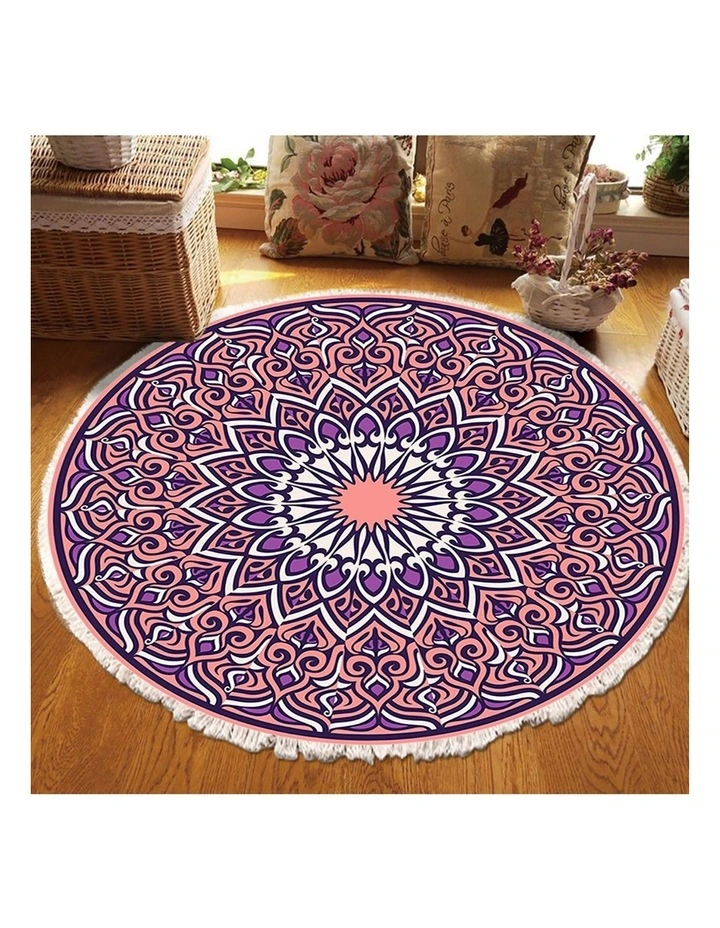 SOGA 2X 90cm Purple Mandala Round Non-Slip Area Rug image 3