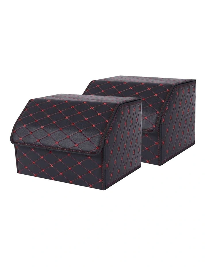 SOGA 2X Medium Foldable Car Boot Storage Organisers Black Red Stitch image 1