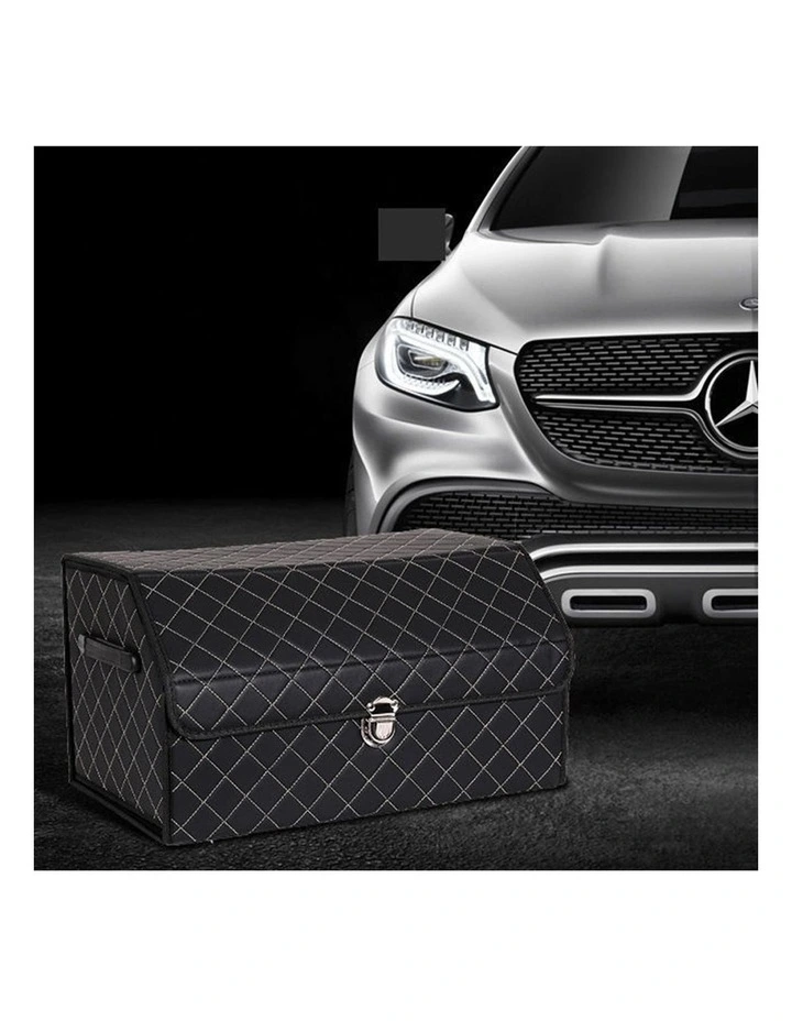 SOGA 2X Medium Foldable Car Boot Storage Organisers Black White Stitch Lock image 4