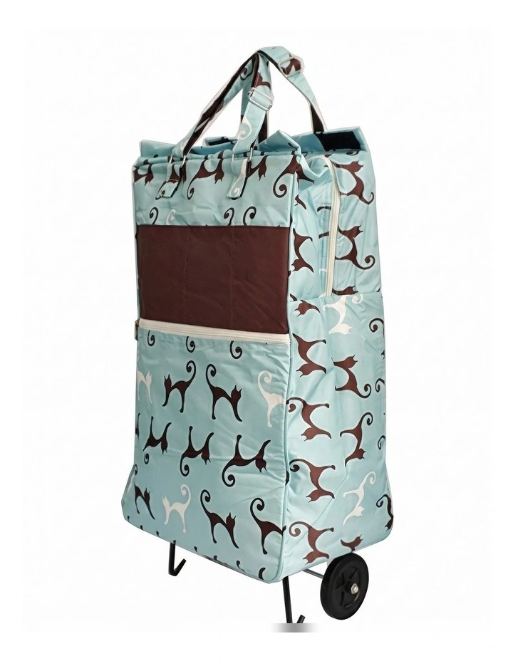 Shopping Trolley Cart Bag Foldable Wheels Carts Bags Market Luggage Basket sky blue cat image 1