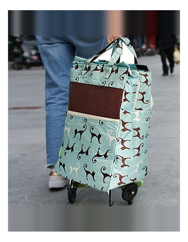 Shopping Trolley Cart Bag Foldable Wheels Carts Bags Market Luggage Basket sky blue cat image 3