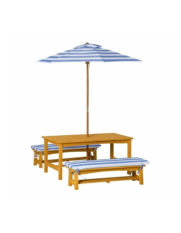 Table & Bench Set - Umbrella & Cushions - Light Grey & White image 1
