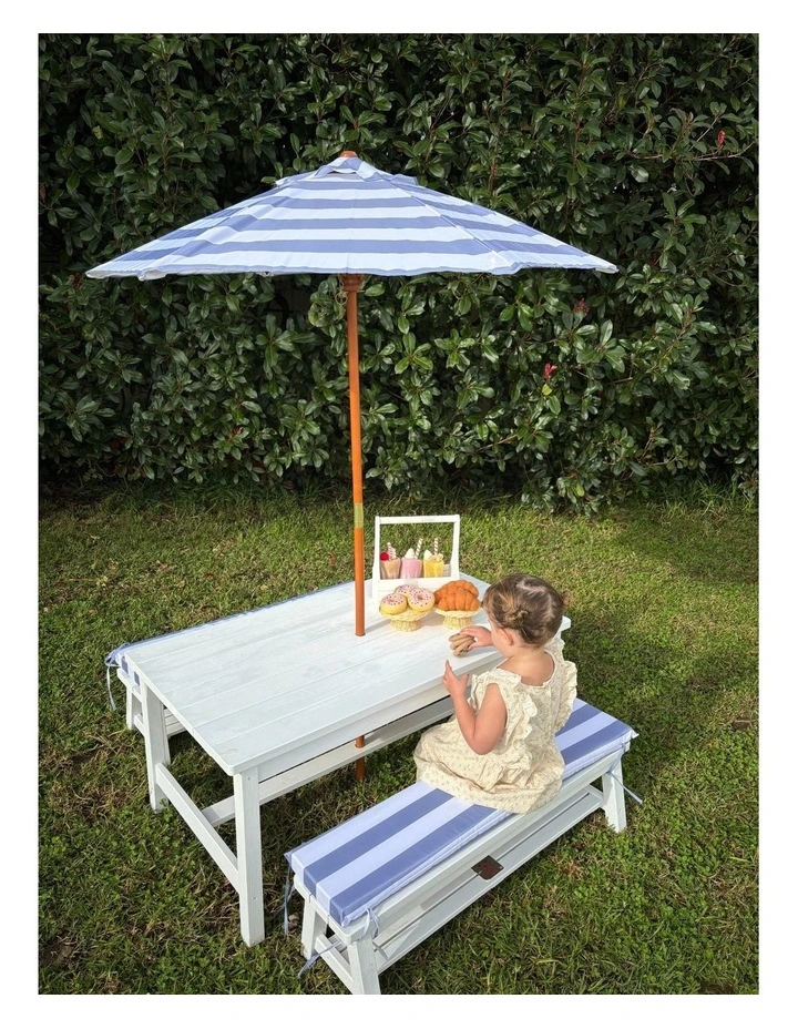 Table & Bench Set - Umbrella & Cushions - Light Grey & White image 3