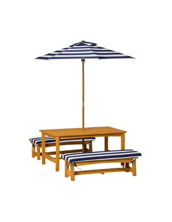 Table & Bench Set - Umbrella & Cushions - Navy & White image 1