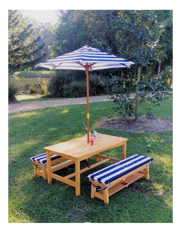 Table & Bench Set - Umbrella & Cushions - Navy & White image 3